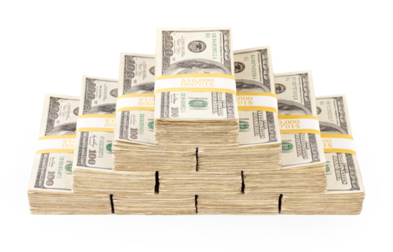 Pyramid of 100 Thousand Dollars of One Hundred Dollar Bills Isolated. Transparent PNG.