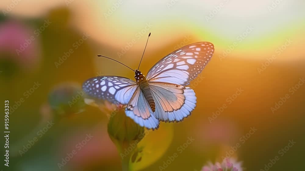 Poster A closeup of a butterfly sipping nectar through its brightly colored proboscis with its wings fluttering in the background.