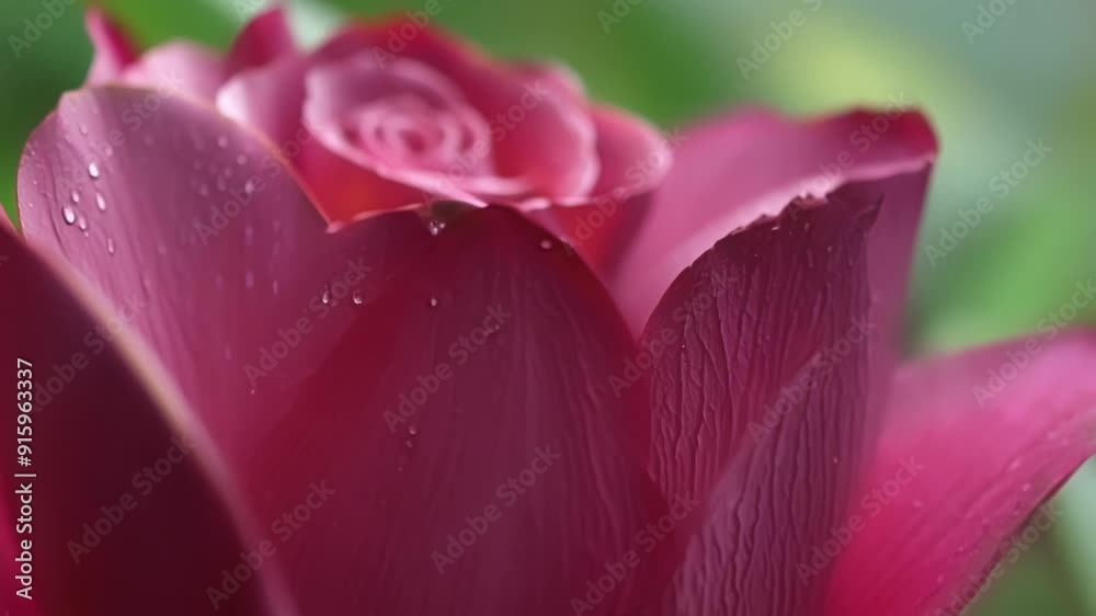 Poster slow motion footage of raindrops cascading down the velvety surface of a rose petal creating an almo