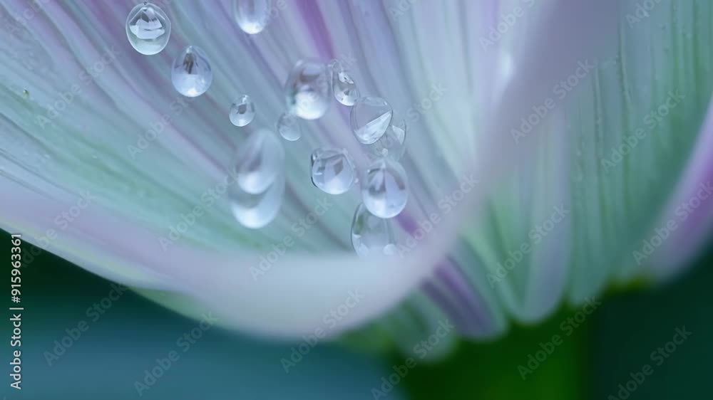 Poster A series of raindrops delicately balancing on the edges of a lily petal creating a mesmerizing composition of light and color.