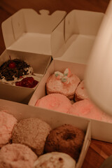 a treat of sweet delicious doughnut in sunny day at the cake shop