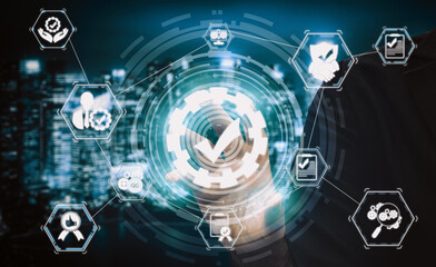 Quality Assurance and Quality Control Concept - Modern graphic interface showing certified standard process, product warranty and quality improvement technology for satisfaction of customer. uds