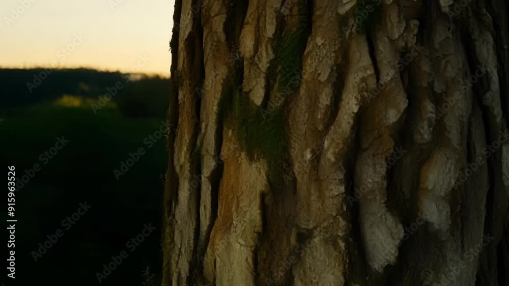 Poster The subtle rays of the setting sun gently illuminating the intricate details of a nearby tree trunk creating a rustic and natural feel.