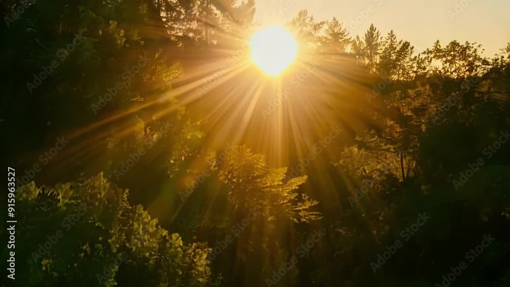 Poster An intimate view of the setting sun filtering through a canopy of lush green trees casting beautiful shadows on the forest floor.