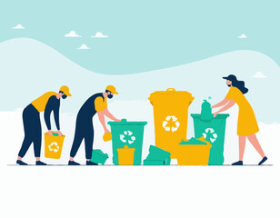 Plastic pollution problem concept. People collecting and sorting plastic trash into recycling garbage bin. Outline design style minimal vector illustration for landing page