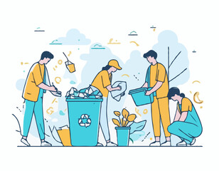 Plastic pollution problem concept. People collecting and sorting plastic trash into recycling garbage bin. Outline design style minimal vector illustration for landing page