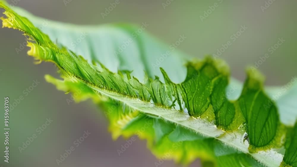 Poster Closeup of a fern leaf unrolling its delicate threadlike structures unfolding like an intricate puzzle.