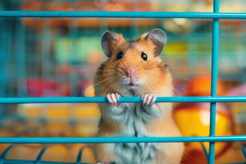 Obraz premium A small, inquisitive hamster gazes out from its bright, colorful cage, showcasing its playful and curious nature.
