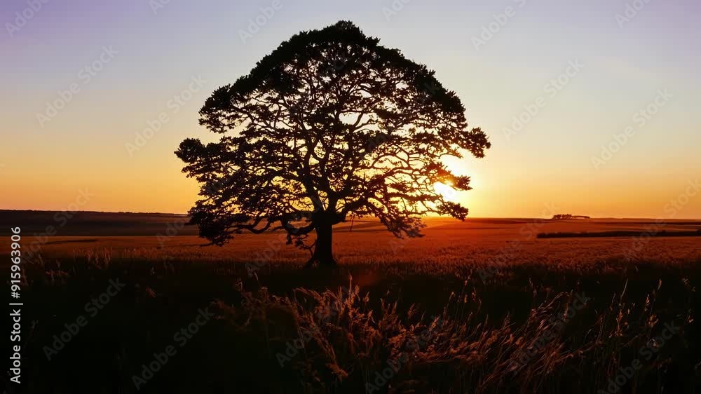 Poster The suns fiery rays burst through the branches of a sprawling oak tree as it sets behind a vast open plain.
