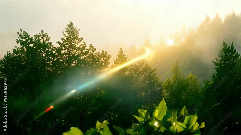 Poster as the sun rises the dew resting on the leaves begins to evaporate creating a hazy mist around the f