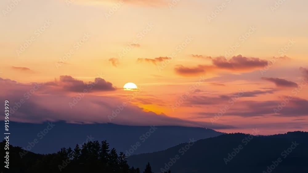 Poster wispy clouds are painted in shades of pink and gold as the sun sets behind a distant mountain range 