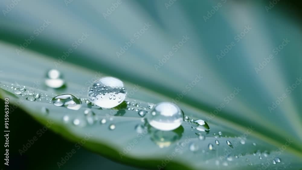 Poster the camera zooms in on a single leaf showcasing the stunning formation of dew beads resting on its s