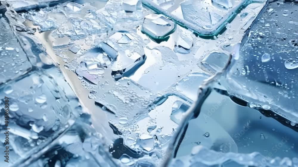 Leinwandbilder An overhead shot of a tray of ice cubes melting together into a pool of water creating a visually captivating abstract pattern.