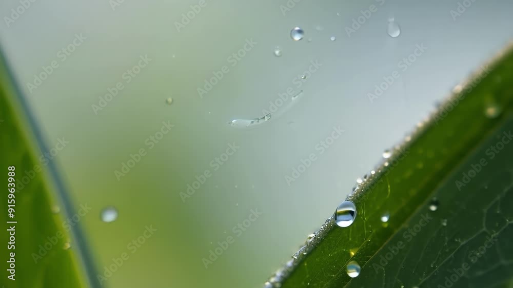 Poster A macro shot captures the mesmerizing moment of a droplet of dew forming and then dripping off the tip of a leaf.