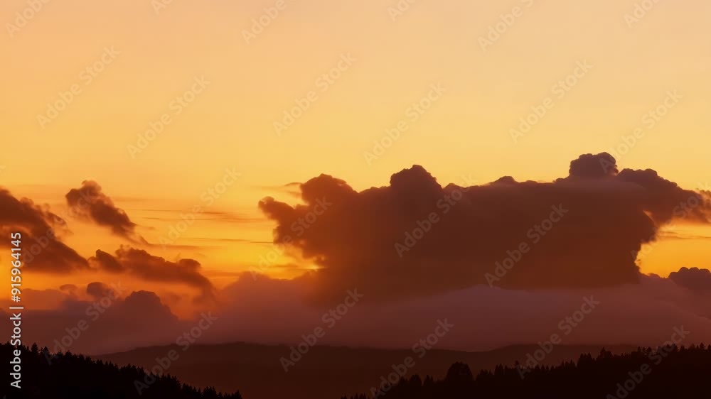 Poster A zoomedin view of thick billowing clouds moving swiftly across a vibrant sunset backdrop.
