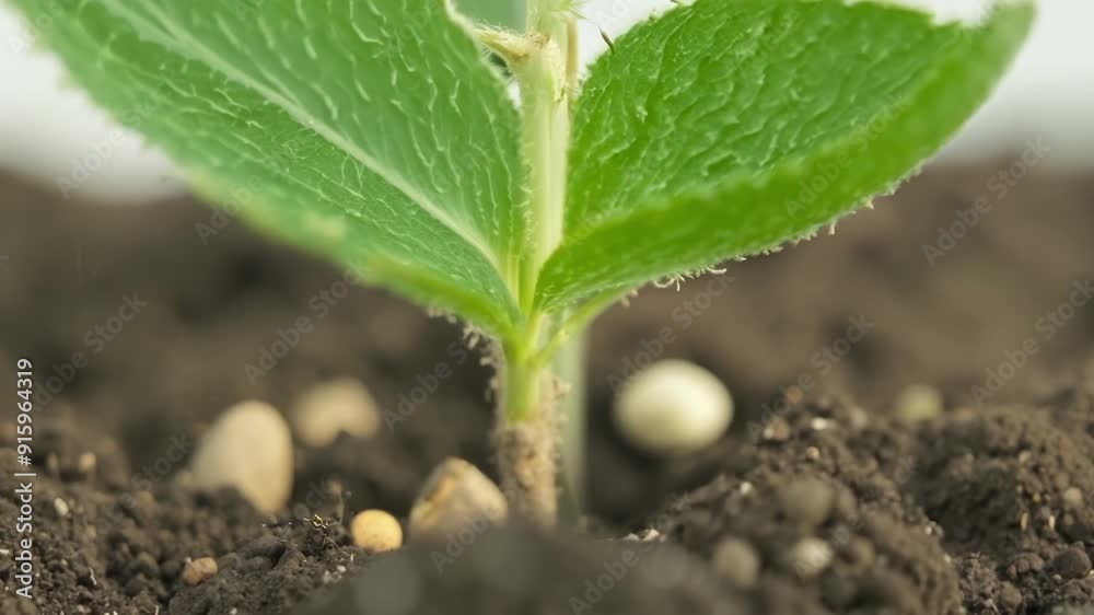 Poster a closeup of a seedling emerging from the ground its young root curling around small pebbles and bit