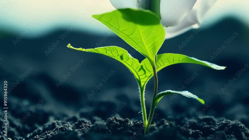 Poster with a timelapse effect we see a seed bursting open and growing into a small vibrant plant with leav
