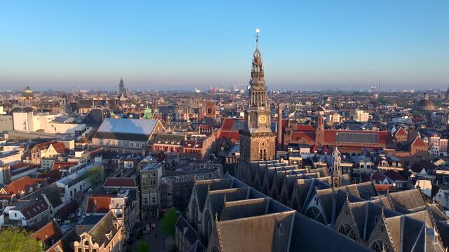 Oude Kerk Aerial morning View. Top shot of the texture of roof of Old church in Amsterdam, the Netherlands.