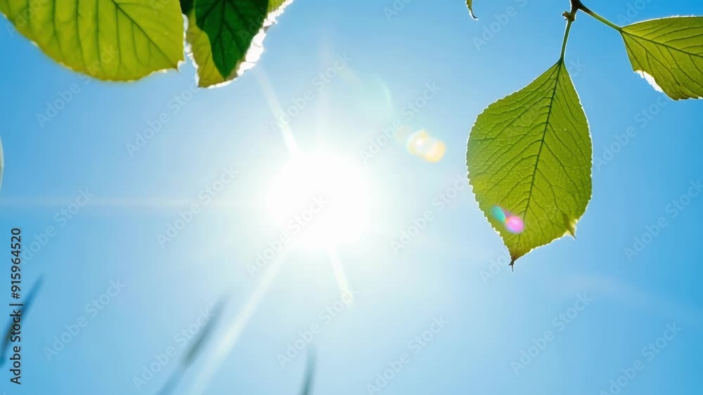 Poster closeup footage of tiny leaf buds bursting open against a bright blue sky backdrop symbolizing new b