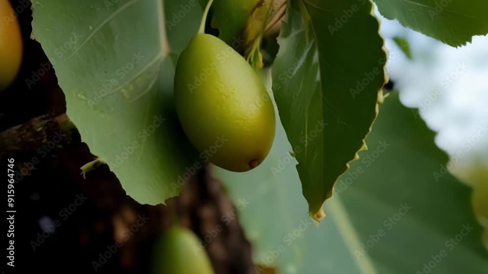 Poster Closeup shots show a of small green fruits growing on a tree branch gradually changing to a deep red as they ripen.