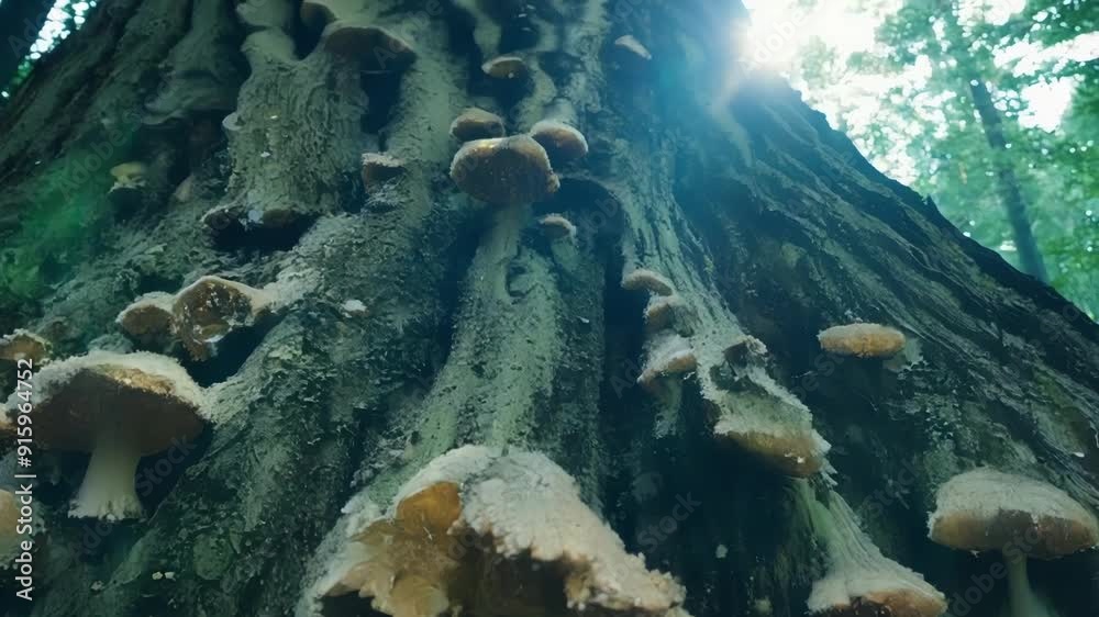 Poster Low angle view of a tree trunk with large bulbous growths spreading over its surface known as a fungal .