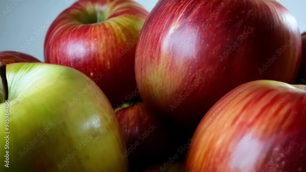Poster an overhead shot shows a pile of ripe red apples with streaks of green still visible demonstrating t