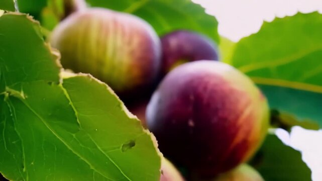 A closeup view of a fig tree reveals a of initially green and firm figs gradually softening and developing rich dark colors as they ripen.