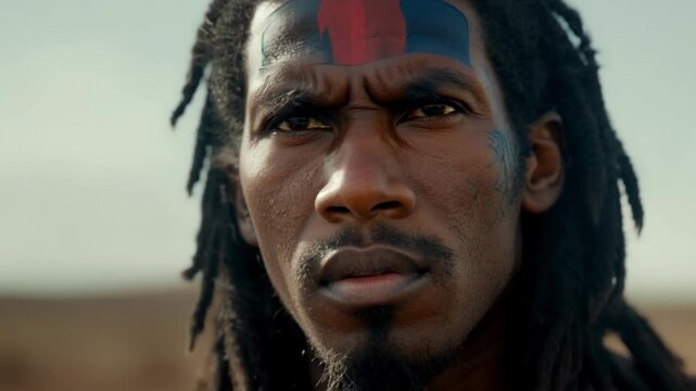 A closeup of an Apache warriors face his expression hardened and determined for battle.