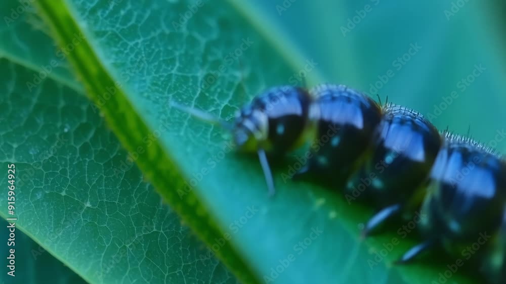 Poster a closeup shot of a caterpillar wrapping its body around a leaf as it bites and tears through it.