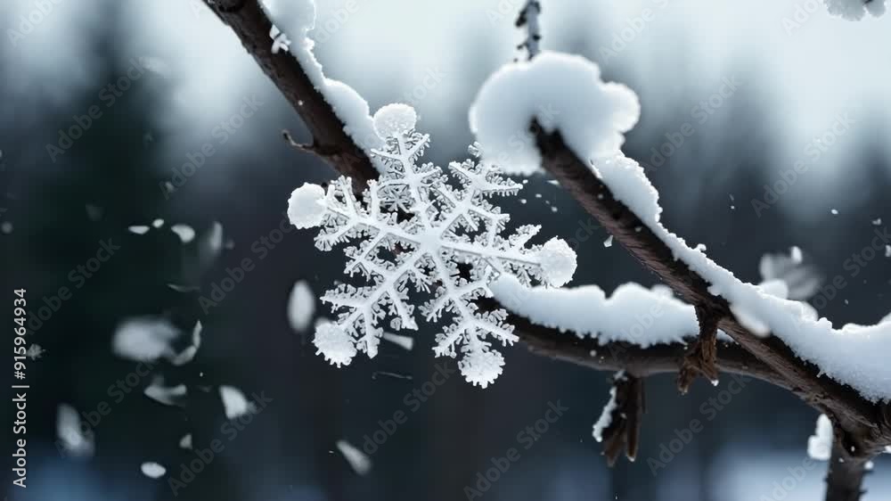 Fototapete a closeup view of snowflakes forming on a tree branch creating a beautiful winter wonderland scene.