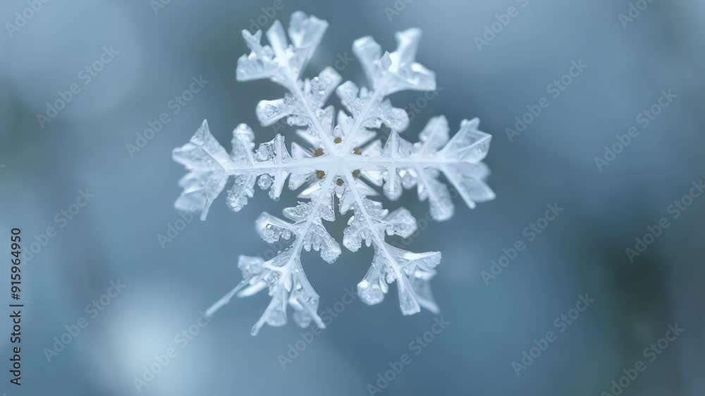 Poster Macro footage of a single snowflake forming showcasing the beautiful symmetry and complexity of its design.