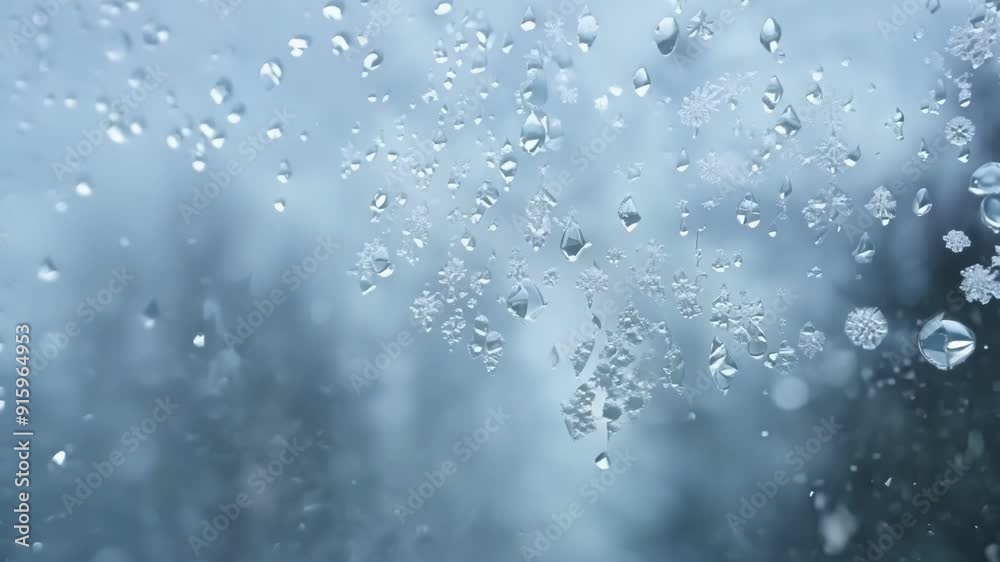 Poster Up close shot of snowflakes forming on a windshield creating a mesmerizing pattern as they melt and freeze.