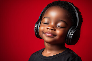 A black toddler wearing headphones with short hair, he is smiling with his eyes closed enjoying music.generative ai