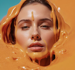 Girl in orange mud: a portrait of beauty in liquid surroundings