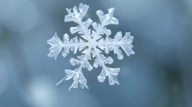 Macro footage of a single snowflake forming showcasing the beautiful symmetry and complexity of its design.