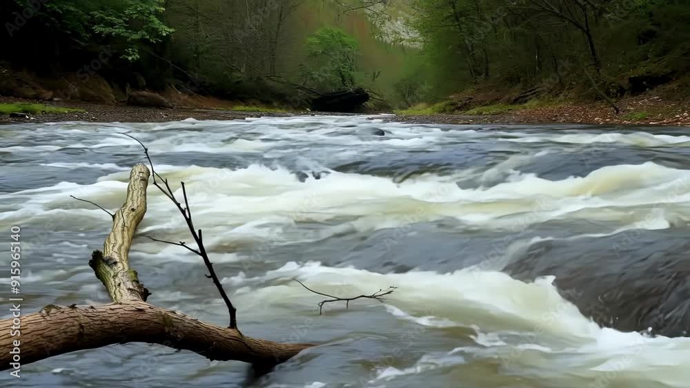 Poster footage of a tree branch being carried along by the rising river showcasing the changing strength of