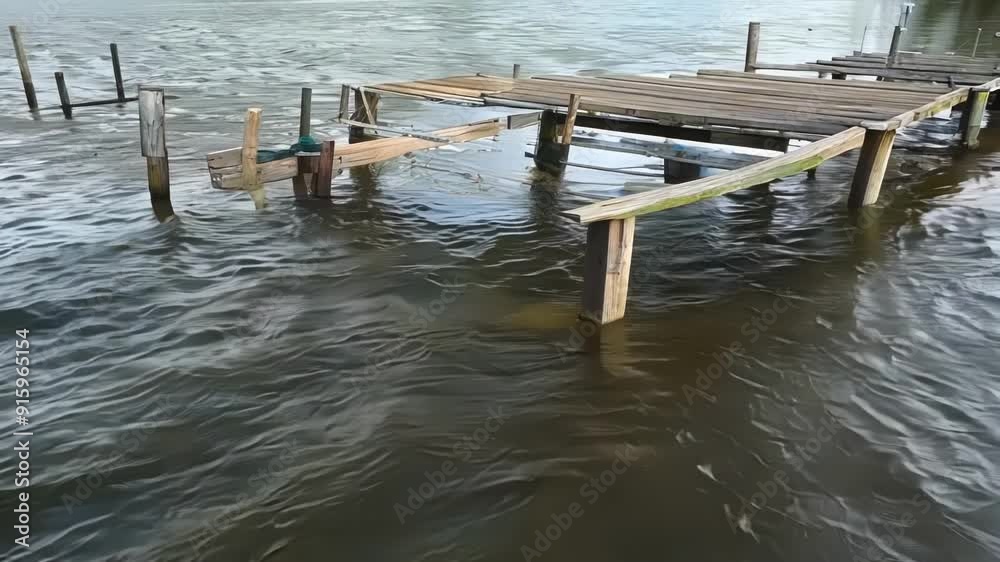 Poster a shot of a dock or pier being submerged as the river level rises showcasing the effects of changing