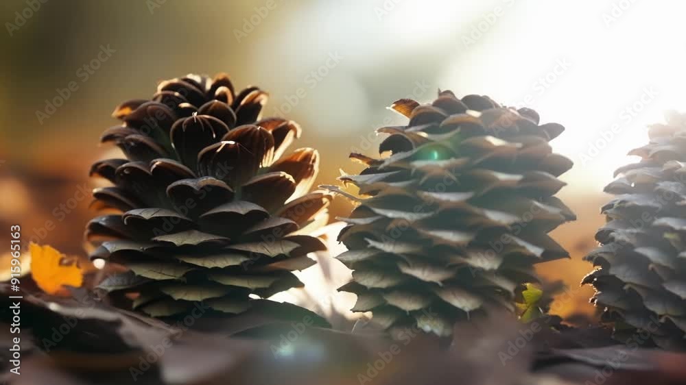 Poster A group of pine cones sits on a bed of fallen leaves as each one slowly opens and closes in a rhythmic pattern in response to the moisture in the air.