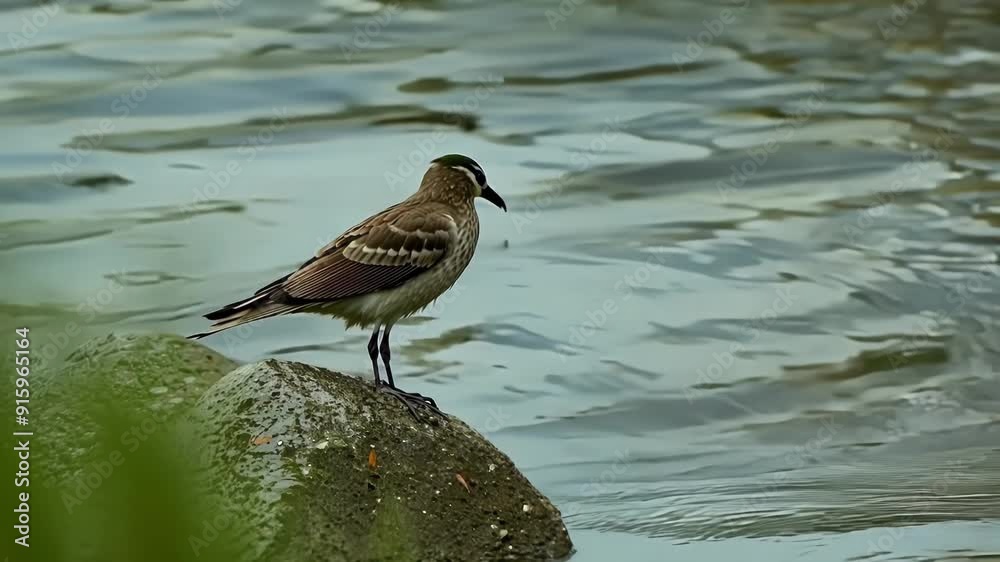 Poster a closeup of a bird perched on a rock near the river with the water gently lapping at its feet as th