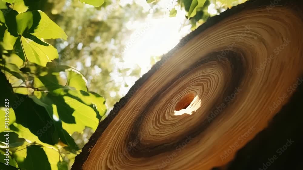 Poster the sunlight peeking through the leaves illuminating the gradual formation of a new tree ring beneat