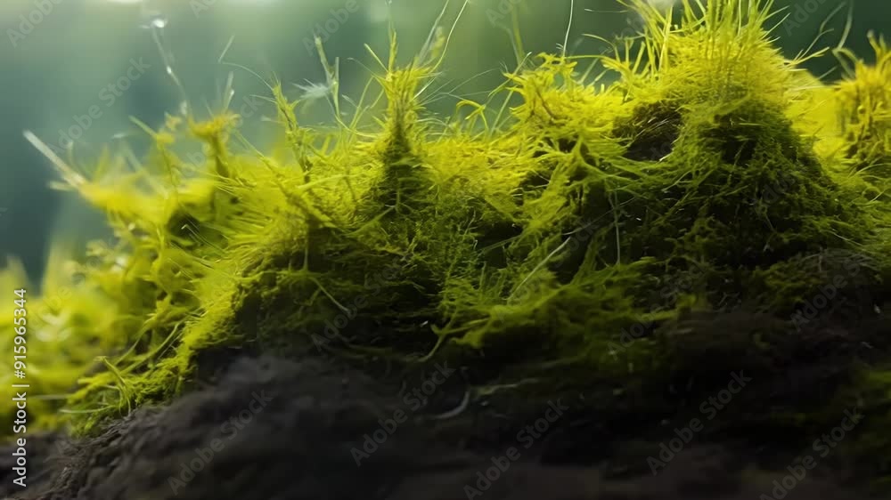 Poster detailed view of velvety soft moss taking over a patch of rich dark soil its tiny hairlike strands i