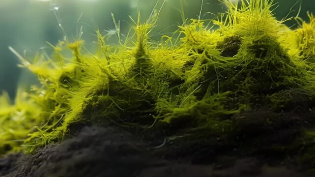 Detailed view of velvety soft moss taking over a patch of rich dark soil its tiny hairlike strands interlacing and forming a dense carpet.