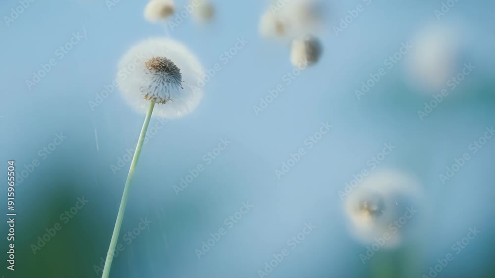Aufkleber A closeup of a dandelion seed head releasing its individual seeds with each one floating and tumbling in its own unique path.