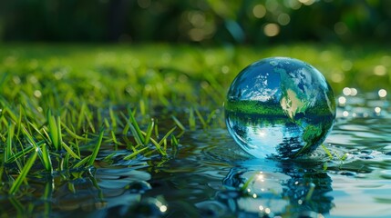 Globe, water, and planet in forest on Earth Day, water conservation. Nature, support, and global habitat for climate change, green energy, and sustainability