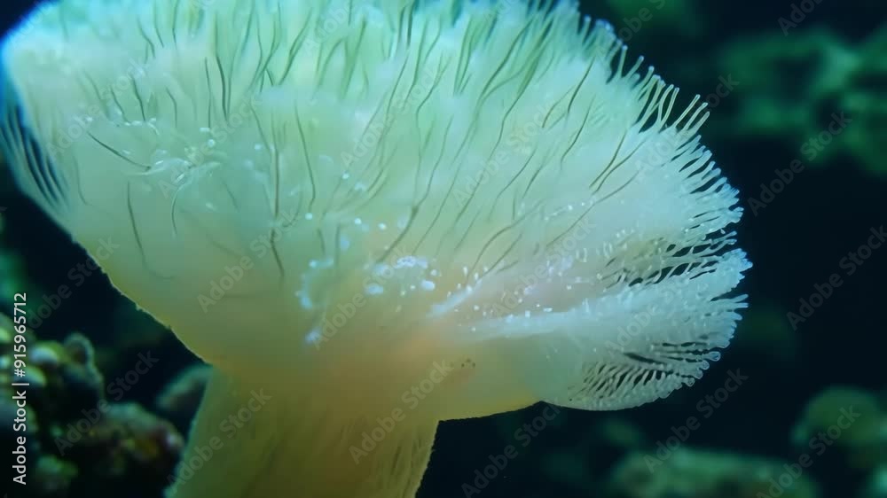 Poster an upclose look at a sea anemones stinging cells capturing prey and producing a glowing green light 