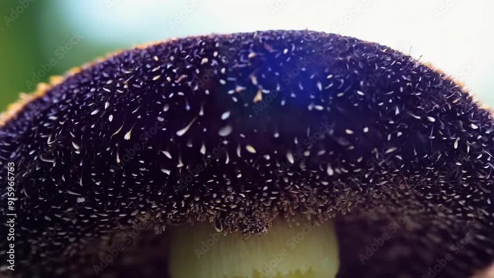 Poster A macro shot of a dark purple mushroom displaying its spores in delicate zebralike patterns on the underside of its cap.