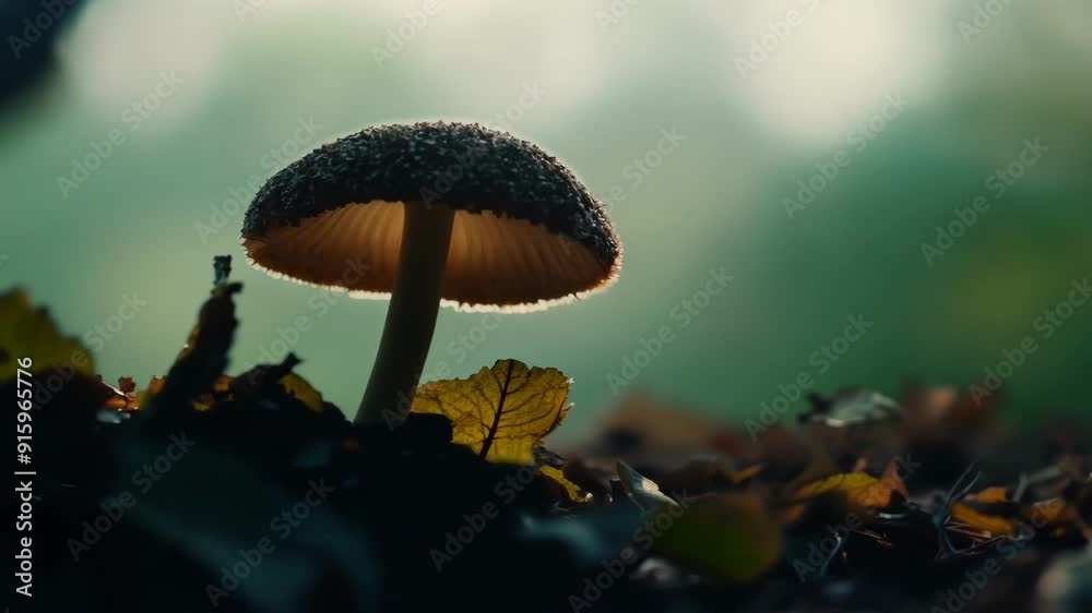 Poster Closeup of a lone mushroom pushing its way through a layer of fallen leaves as its cap gradually expands to release its numerous spores.