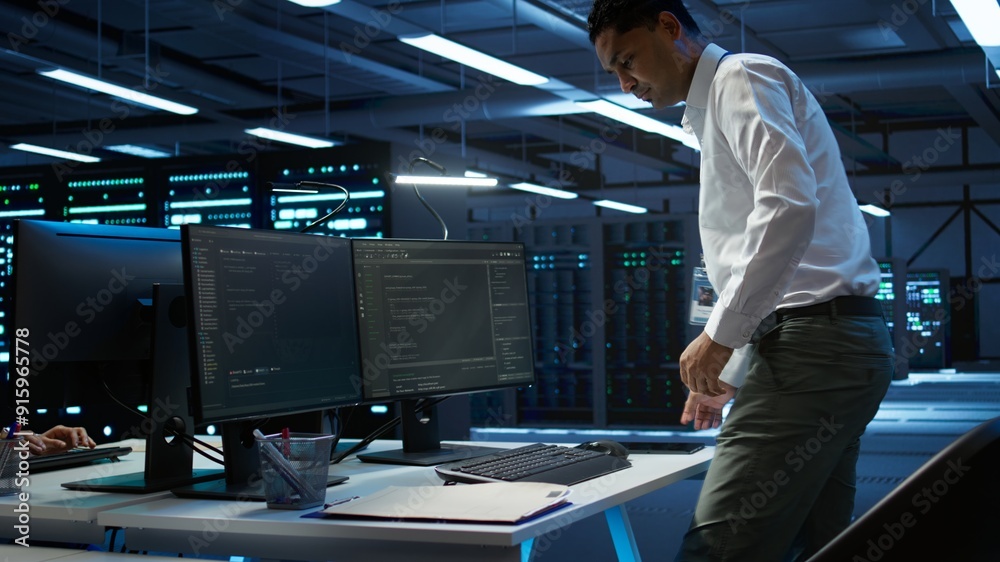 Poster data center computer scientist responsible for installation of networking equipment solving tasks. i