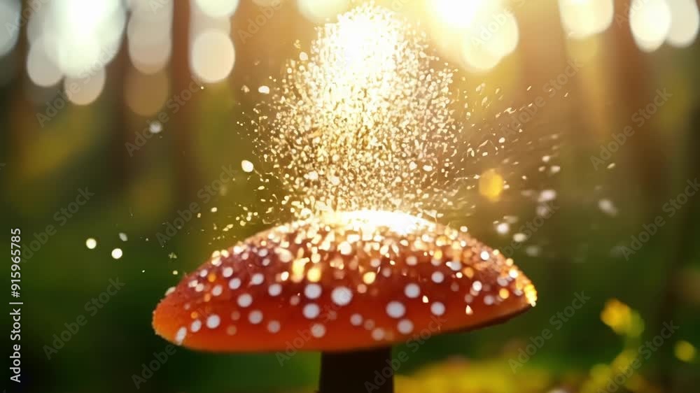 Poster a vibrant redorange mushroom shooting out a burst of spores that looks like a miniature fireworks di