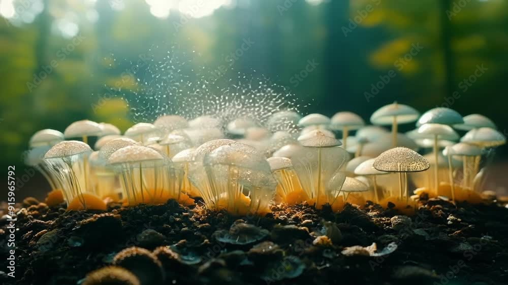 Poster Timelapse footage of a patch of tiny translucent mushrooms growing in a ring formation as their spores are released in a mesmerizing spiral pattern.